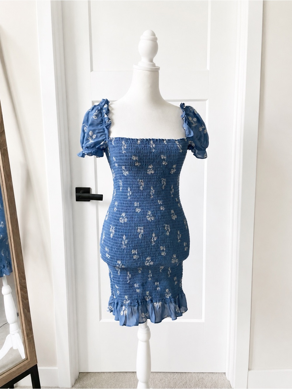 Reformation Minnie Dress Blue Floral with Puff Sleeves